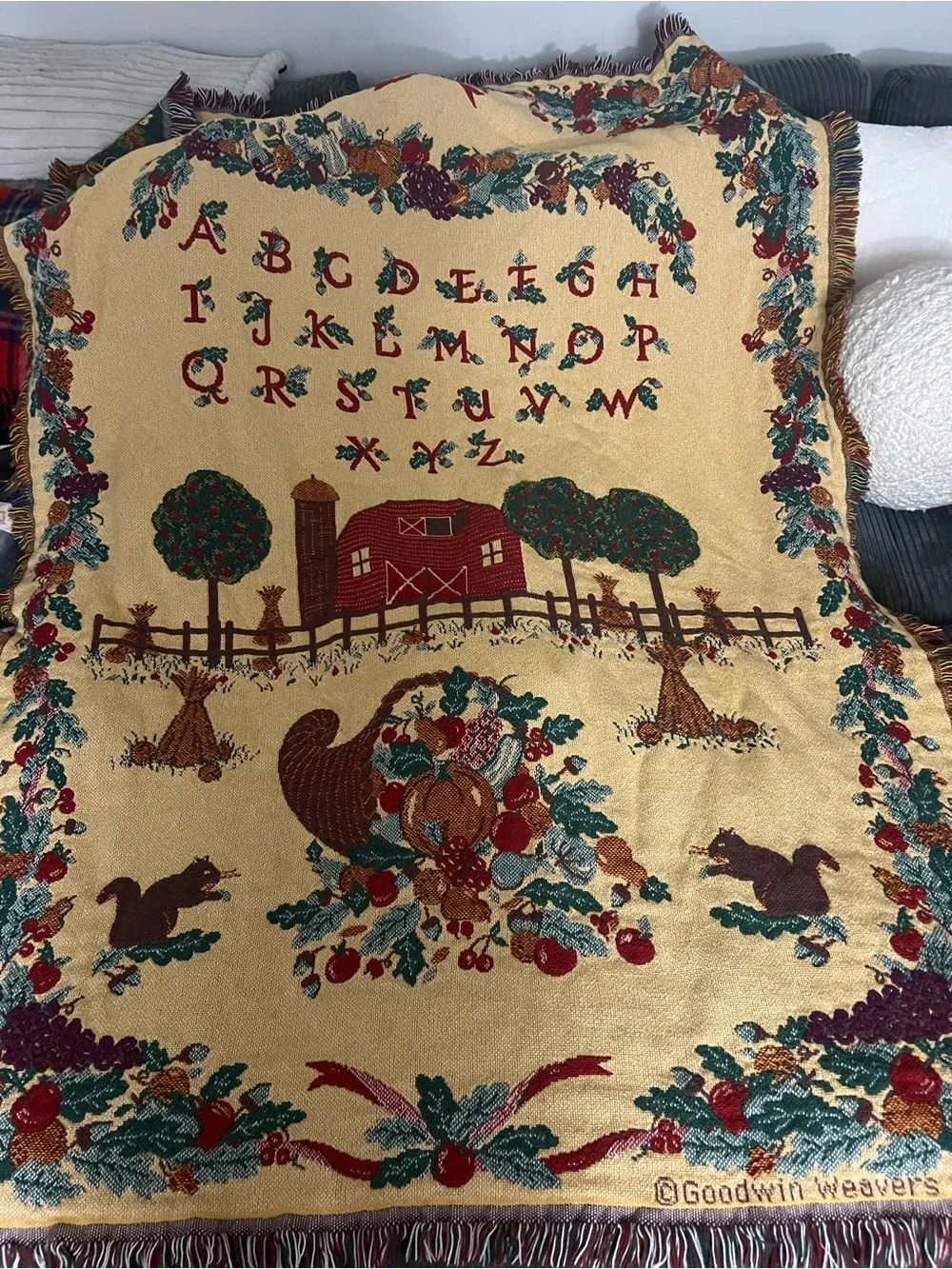 Goodwin Weavers Reversible Throw Blanket Farm Alphabet Harvest Made USA Cotton